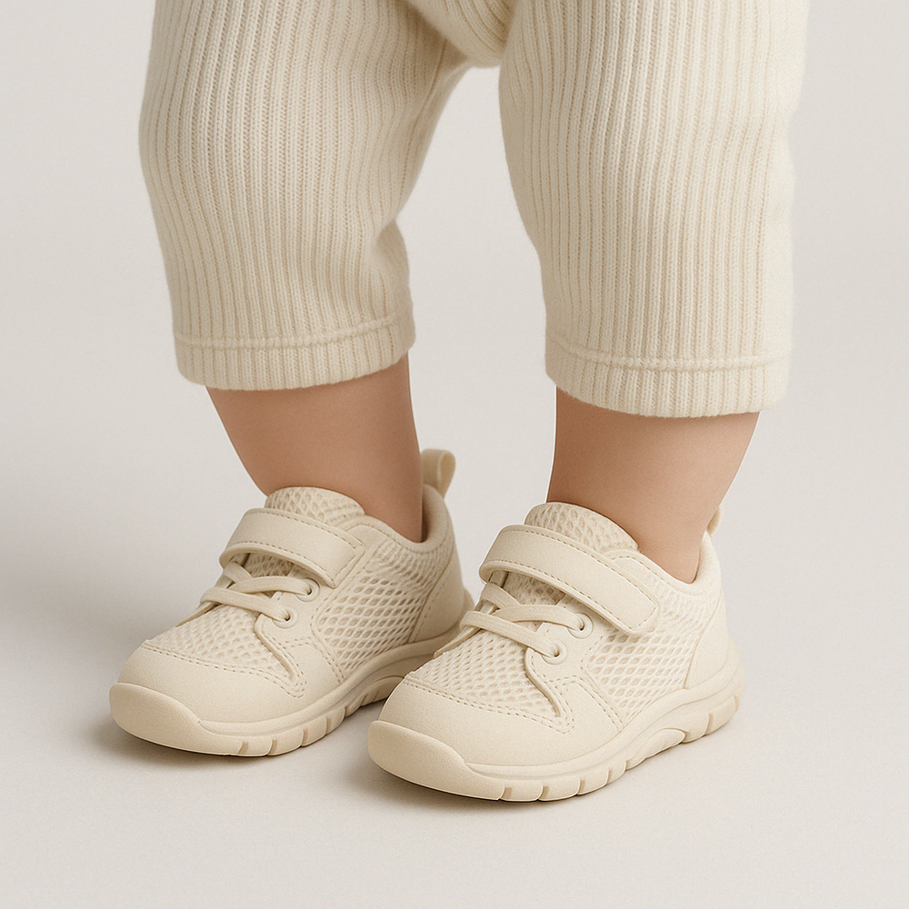 Pair of Baby Barefoot Flexible Sole Walking Sneakers in a neutral color, showcasing firstwalker and lightweight features.