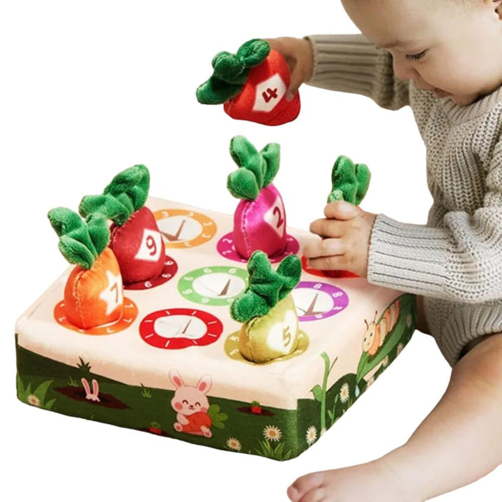 Baby Montessori carrot pull toy. Soft plush sensory activity for fine motor skill & early learning development.
