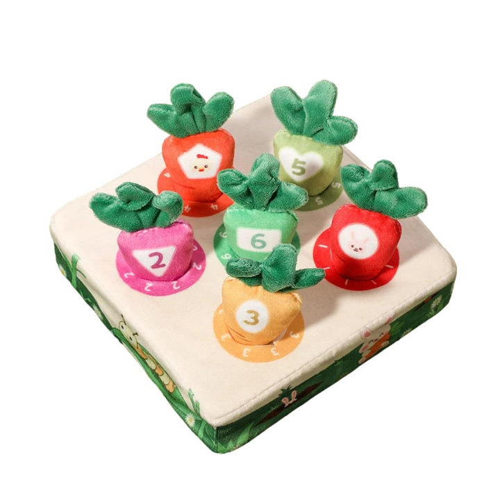 Interactive plush Montessori baby toy with carrot pull activity. Perfect for sensory & early learning development.