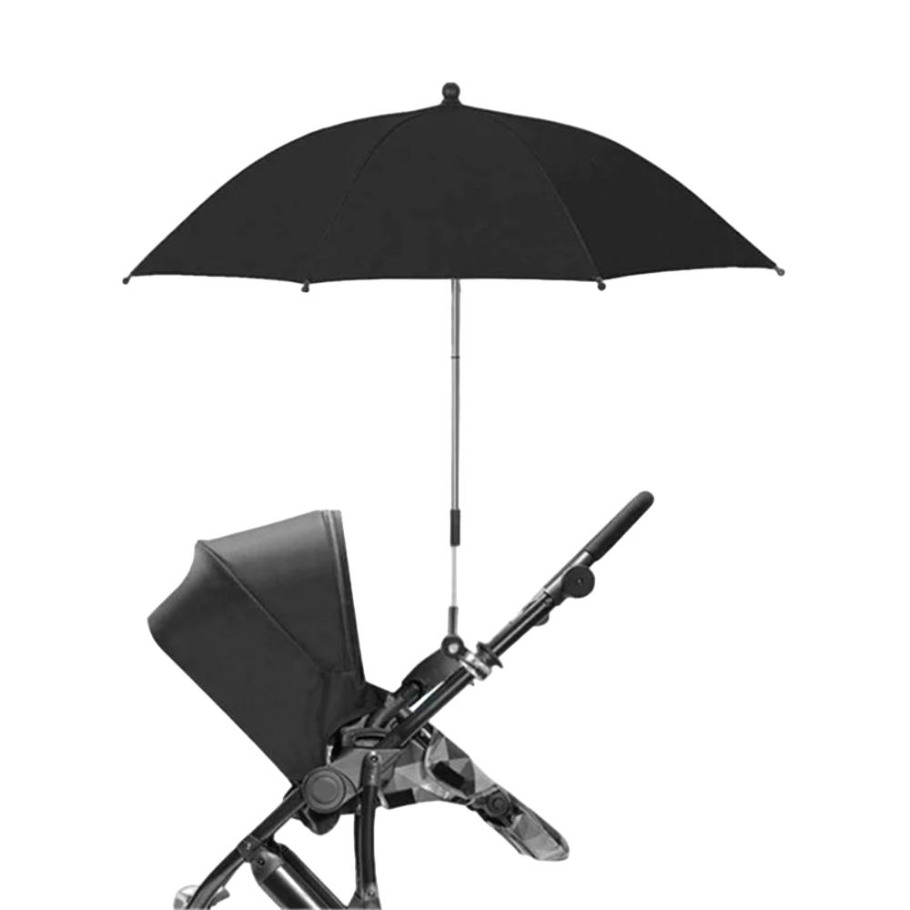 Baby stroller sun shade umbrella with universal clamp, providing UV protection for infants.