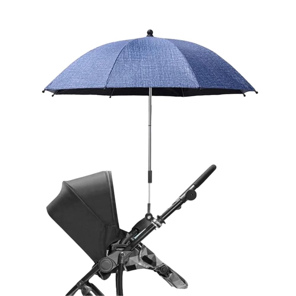 Adjustable buggy umbrella with universal clamp, shielding babies from sun and rain on outdoor adventures.