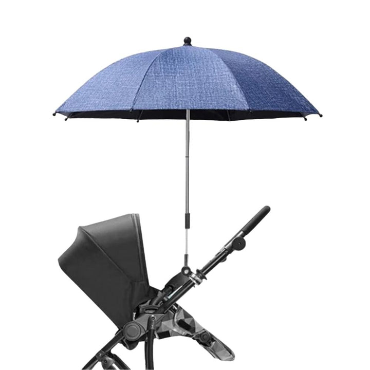 Adjustable buggy umbrella with universal clamp, shielding babies from sun and rain on outdoor adventures.