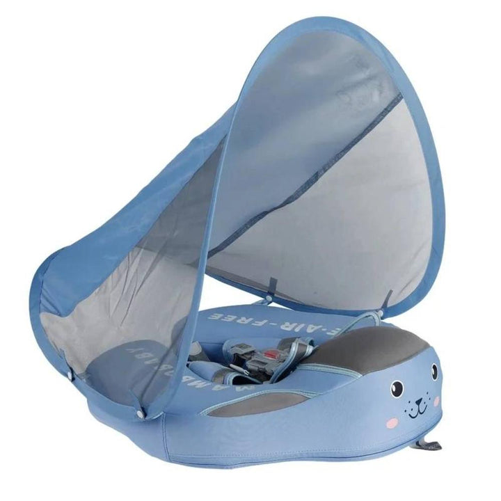 Durable non-inflatable baby swim aid with canopy, perfect for safe toddler water play & lessons.