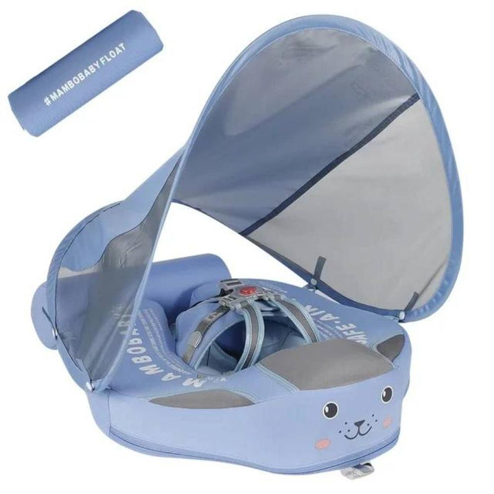 Happy baby enjoying water fun in a safe swim float with sunshade canopy, ideal for pool adventures.