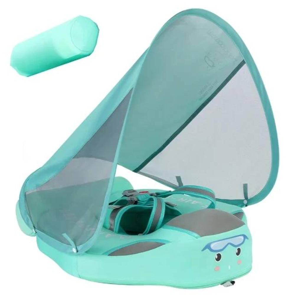 Ergonomic infant swim float with adjustable sunshade canopy & secure harness for baby's comfort.