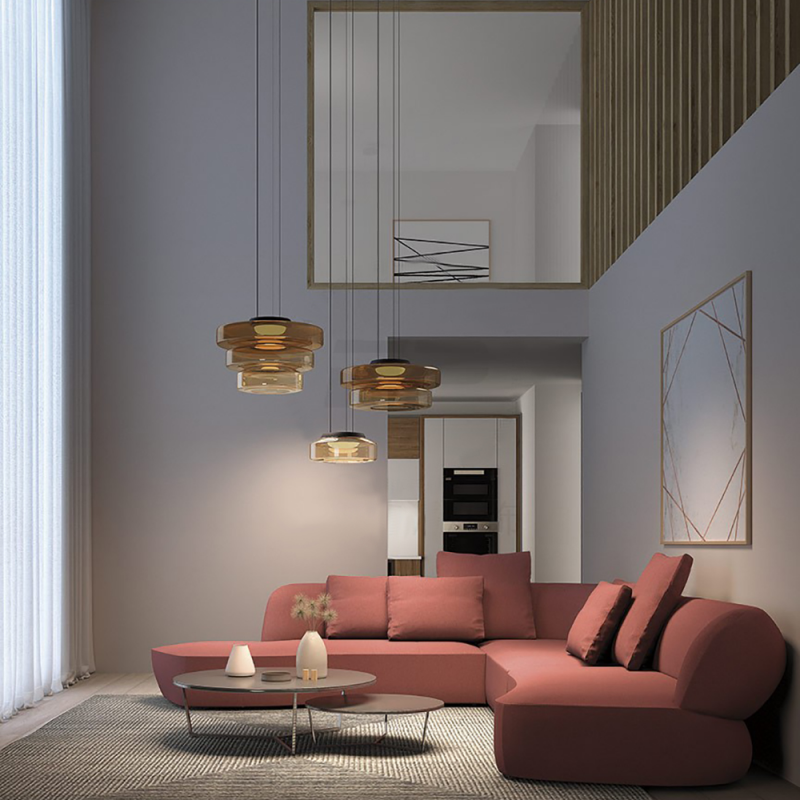 "Bauhaus style glass pendant light with sleek design enhances modern home decor, ideal for kitchens and living spaces."