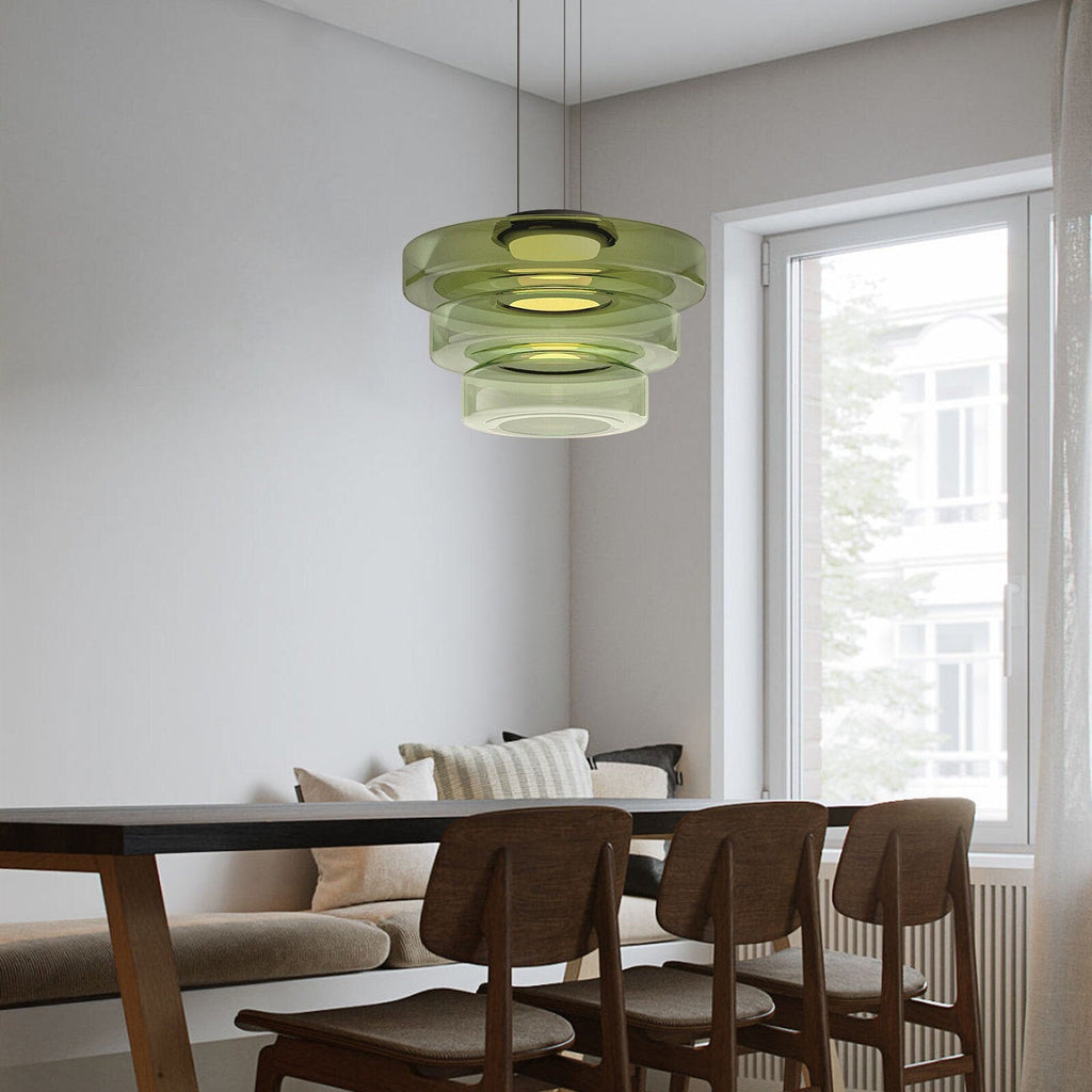 "Bauhaus style glass pendant light with sleek design enhances modern home decor, ideal for kitchens and living spaces."