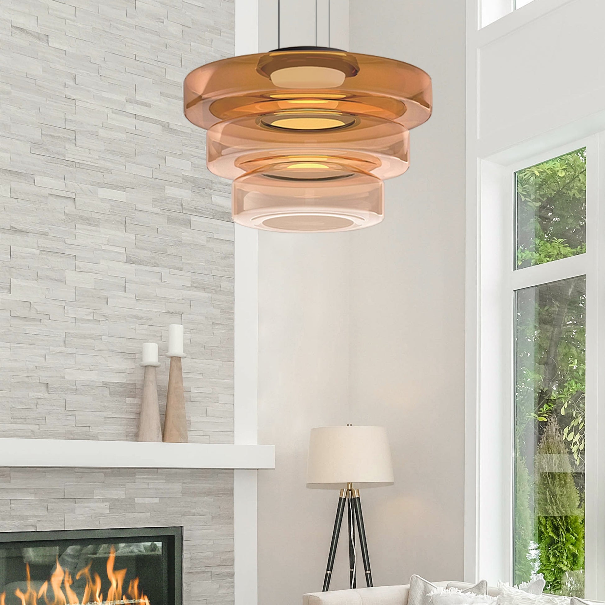 "Bauhaus style glass pendant light with sleek design enhances modern home decor, ideal for kitchens and living spaces."