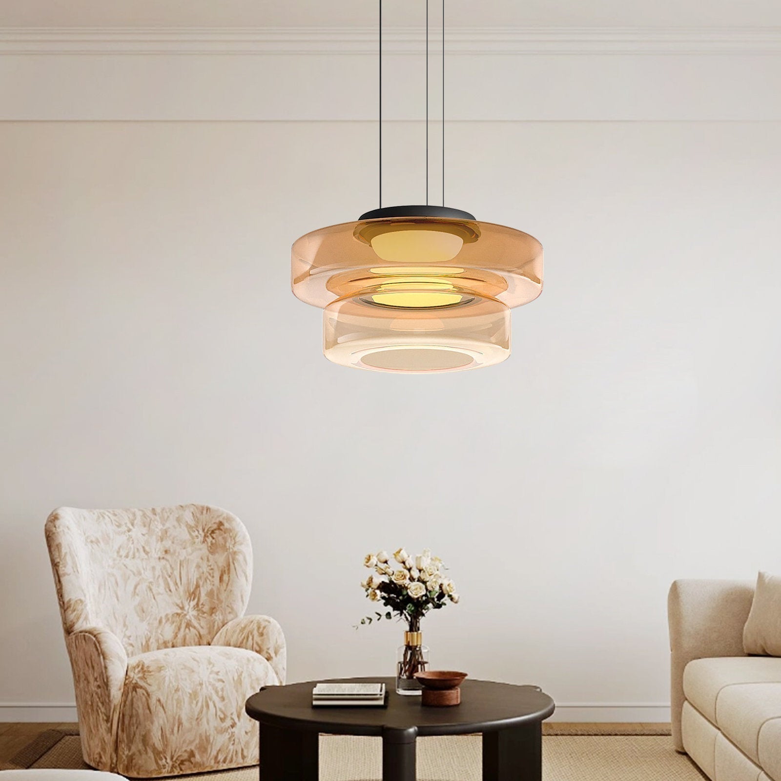 "Bauhaus style glass pendant light with sleek design enhances modern home decor, ideal for kitchens and living spaces."