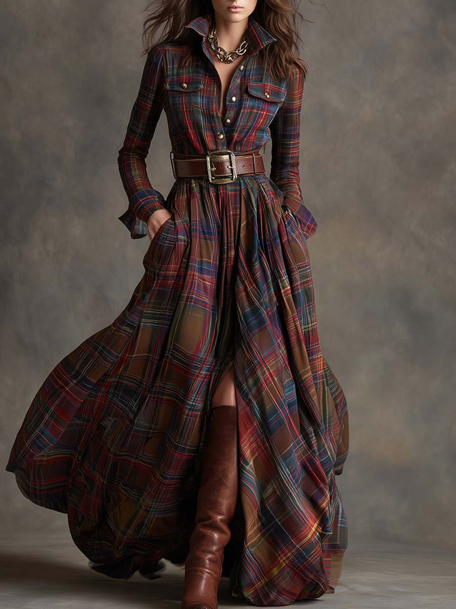 Versatile women's elegant maxi shirt dress with a belt, ideal for casual or dressed-up looks.