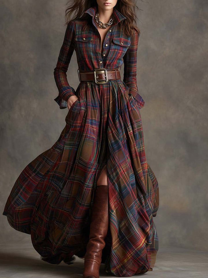 Versatile women's elegant maxi shirt dress with a belt, ideal for casual or dressed-up looks.