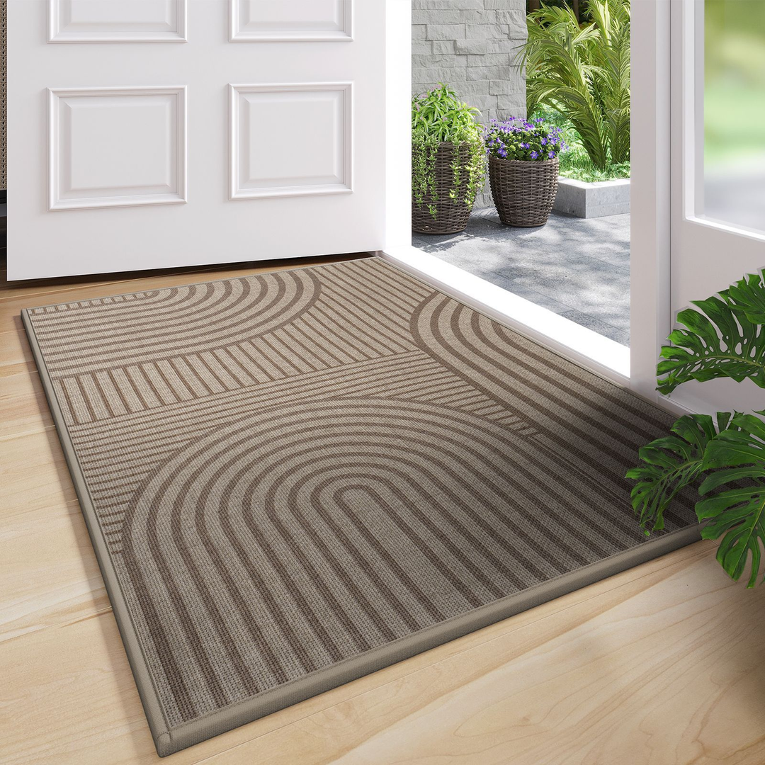Beige anti-slip ribbed doormat, durable for indoor & outdoor use, ideal entryway floor protection.