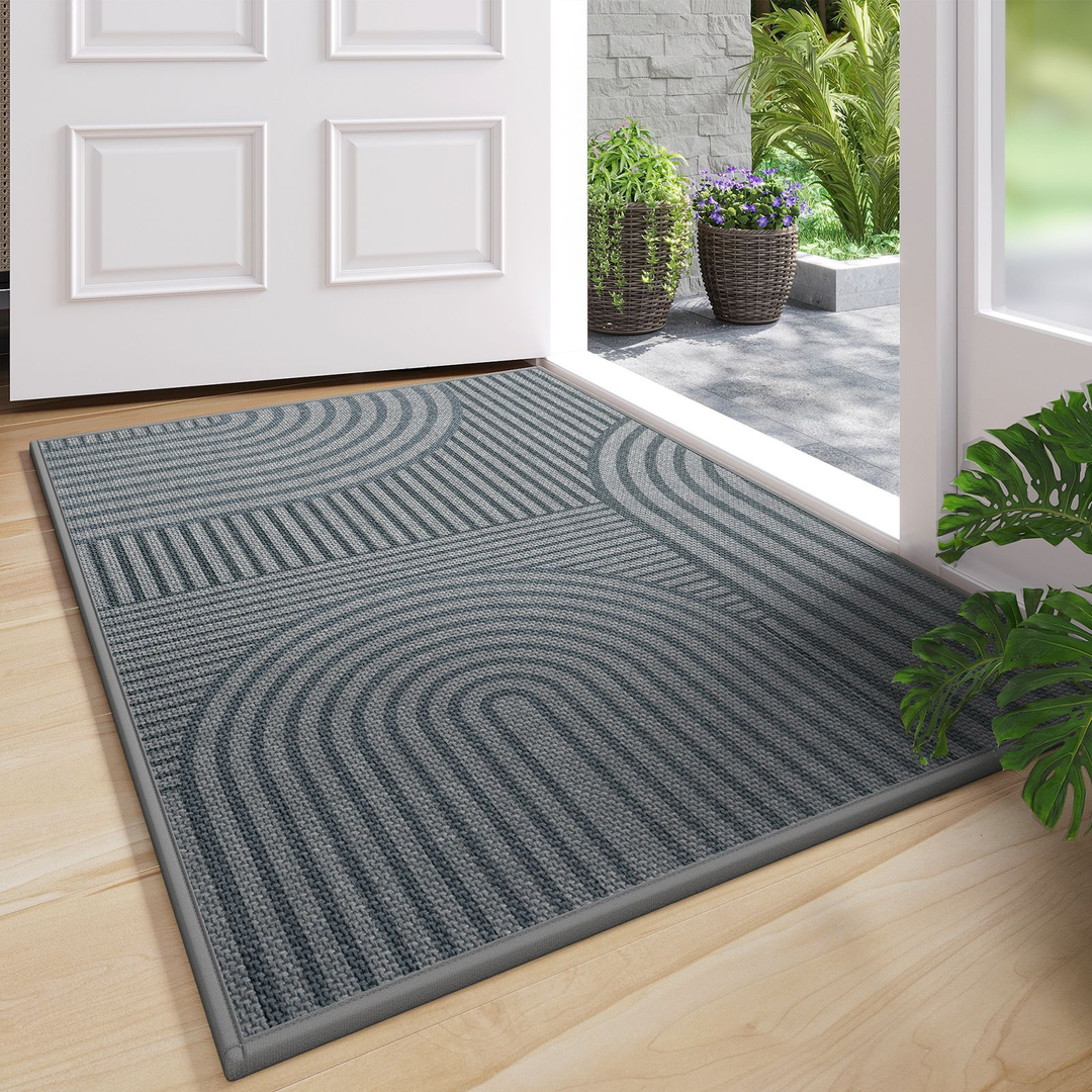 Grey ribbed anti-slip entrance mat for indoor/outdoor use, durable home decor & floor protection.