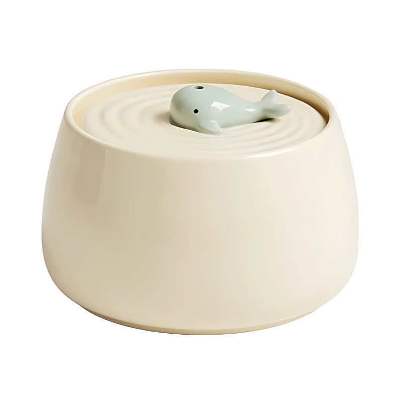 Automatic ceramic pet water dispenser, filtered, clean water for cats & dogs, featuring a quiet pump & beige finish.