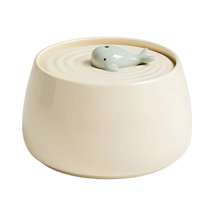 Automatic ceramic pet water dispenser, filtered, clean water for cats & dogs, featuring a quiet pump & beige finish.