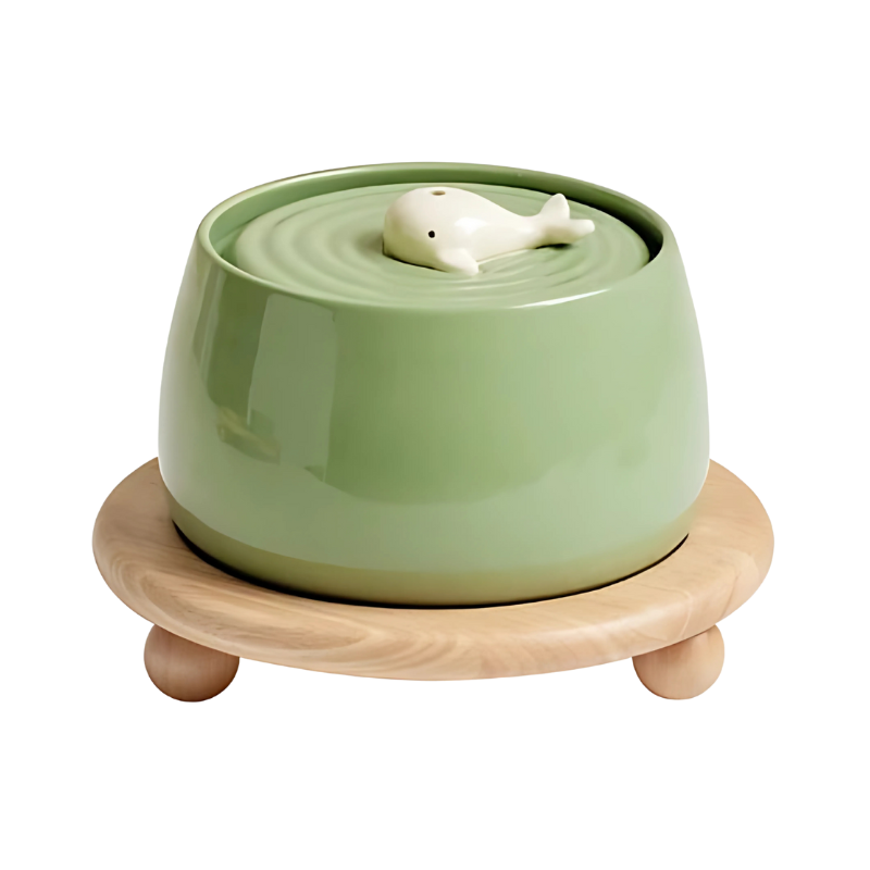 Modern design ceramic pet fountain in beige, with quiet operation & advanced filter, ideal for fresh water for cats.