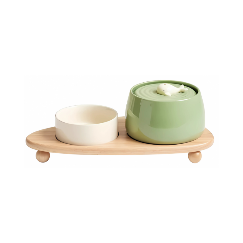 Pet accessories: Beige ceramic water fountain, quiet, filtered water bowl for healthy hydration of cats and small dogs.