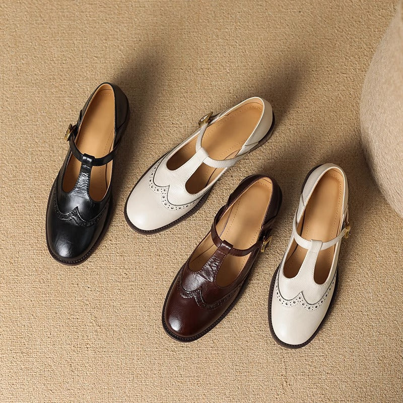 T-Bar Mary Janes for women in brown, offering a classic vintage look with brogue and comfortable heel.