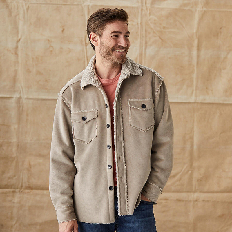 Beige men's button-down winter jacket with plush collar. Warm, stylish outerwear for casual everyday wear.