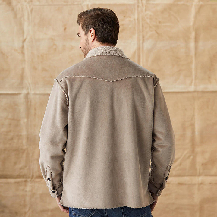 Warm men's button-down winter jacket. Stylish beige outerwear with a plush collar, perfect for fall and everyday fashion.
