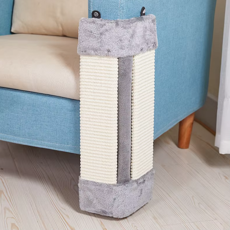 Stylish beige & gray cat wall scratcher, soft-covered. A pet accessory providing feline care & furniture protection.