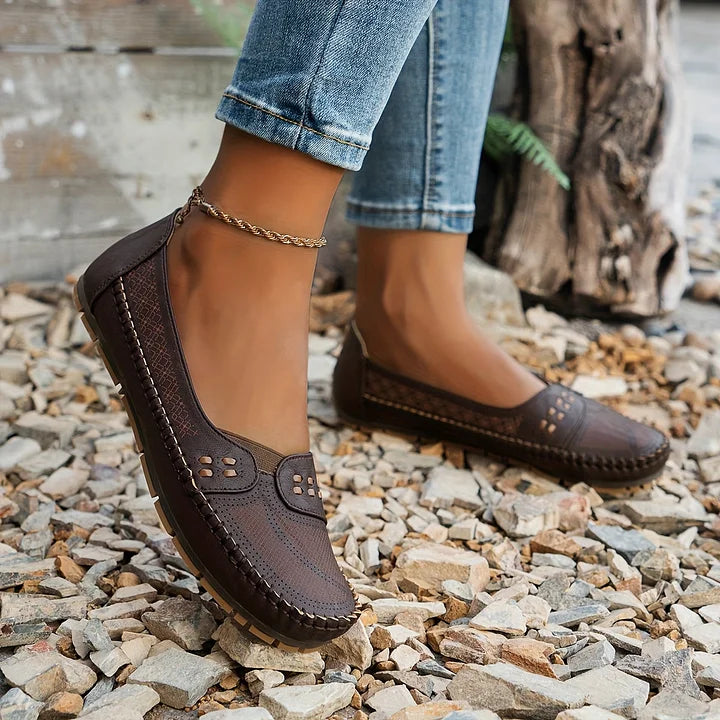 Beige women's casual slip-on shoes with orthopedic features for enhanced comfort