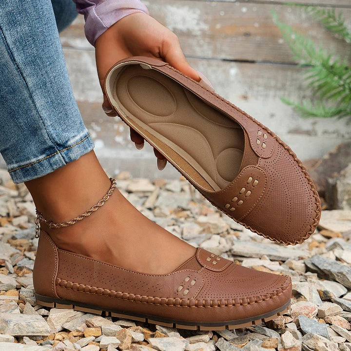 Women's brown orthopedic slip-on shoes, providing casual style and arch support