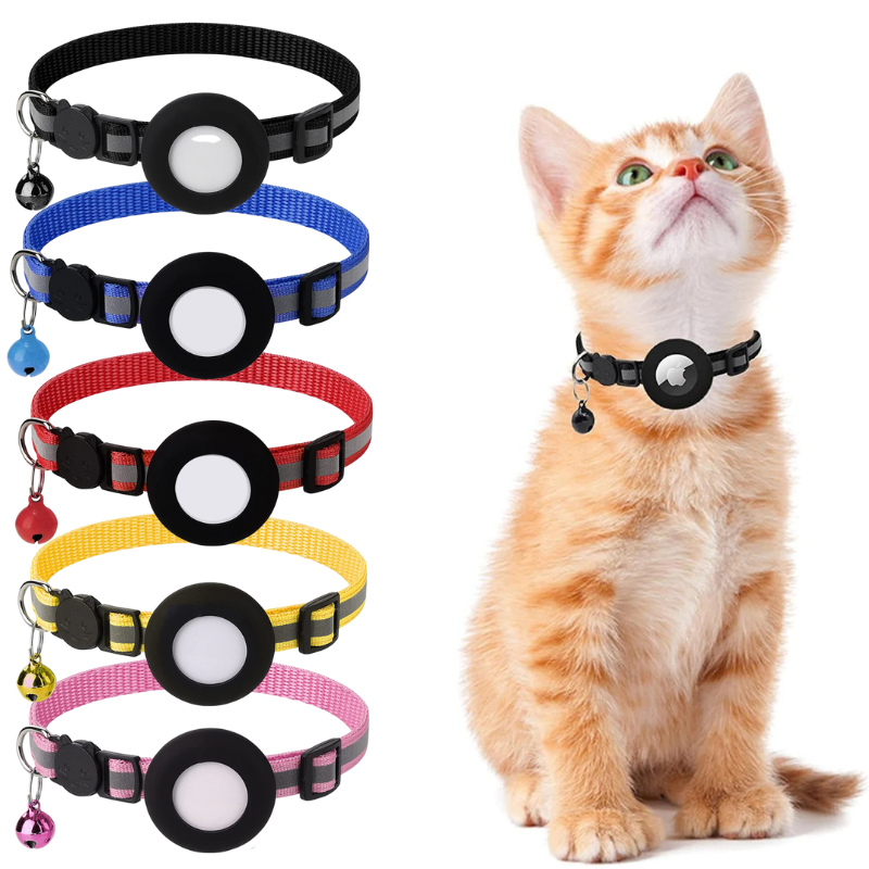 Black, adjustable cat collar with secure AirTag holder & reflective stripes for pet safety & tracking.