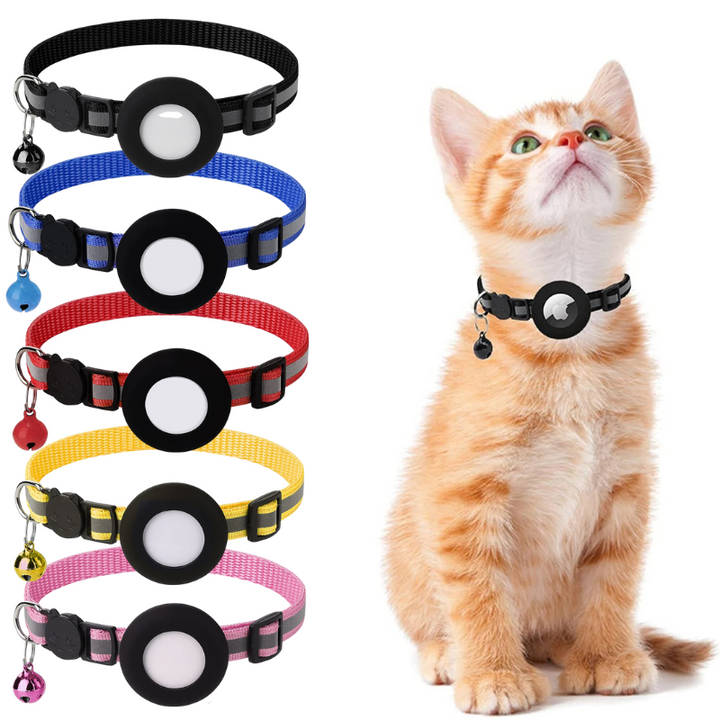 Black, adjustable cat collar with secure AirTag holder & reflective stripes for pet safety & tracking.