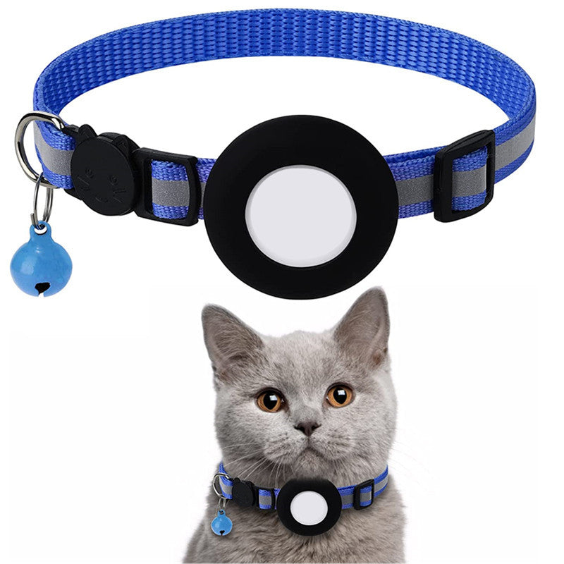 Close-up of secure AirTag holder on a black cat collar, ensuring pet tracker stays in place for safety.