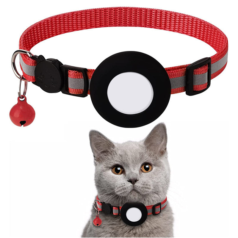 Reflective cat collar with AirTag holder, glowing stripes enhance feline visibility & safety during nighttime tracking.