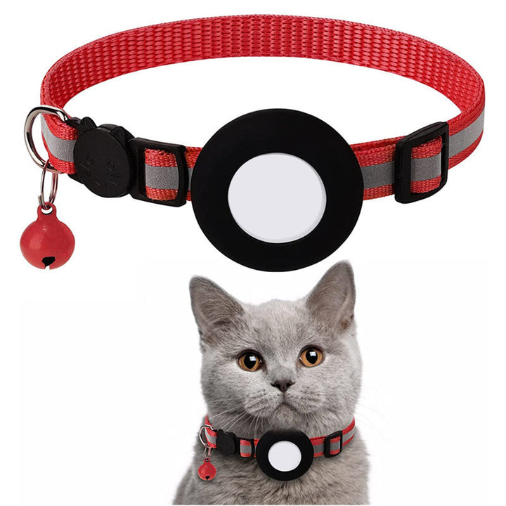Reflective cat collar with AirTag holder, glowing stripes enhance feline visibility & safety during nighttime tracking.
