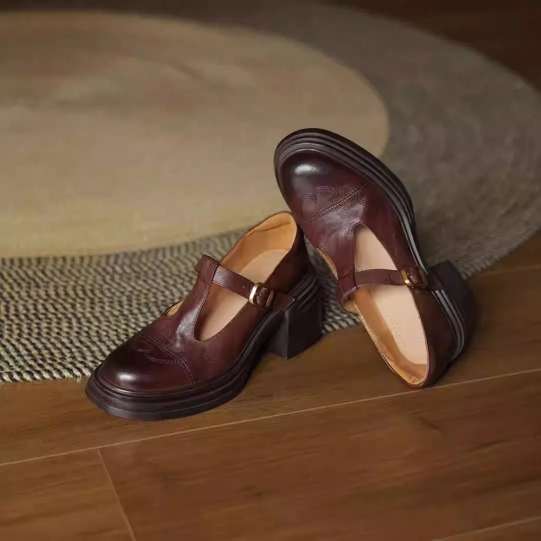 Brown leather T-strap block heel shoes, a classic women's style with comfortable support.