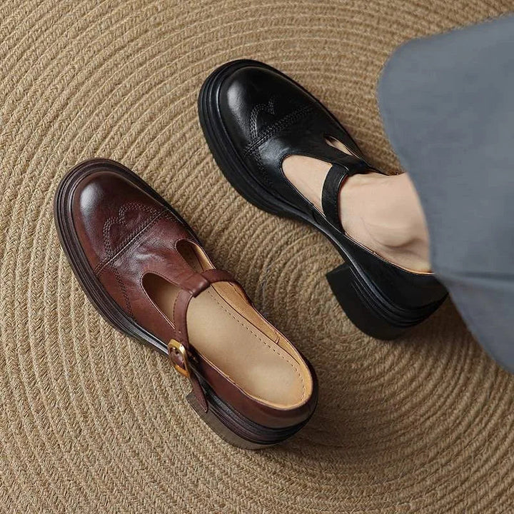 Stylish brown leather T-strap block heel shoes for women, combining classic style with comfort.