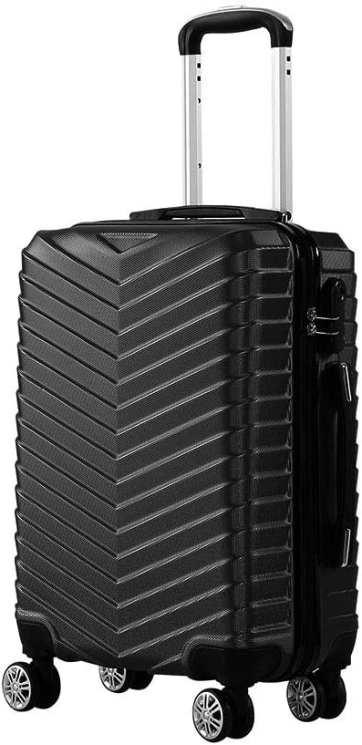 Black compact hard-shell carry-on suitcase with 360° spinner wheels, perfect for travel.