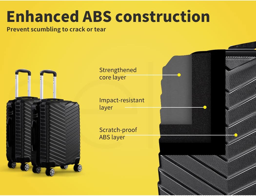 Durable black hard-shell carry-on suitcase showing 360° spinner wheels & telescopic handle.