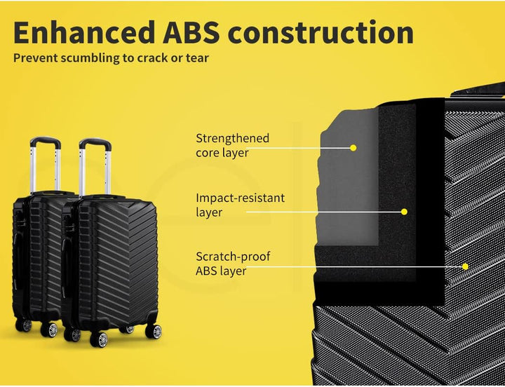 Durable black hard-shell carry-on suitcase showing 360° spinner wheels & telescopic handle.
