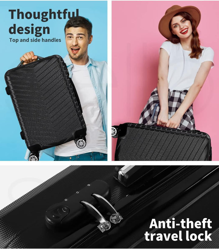 Robust black hardshell carry-on suitcase, protecting essentials with smooth spinner wheels for travel.