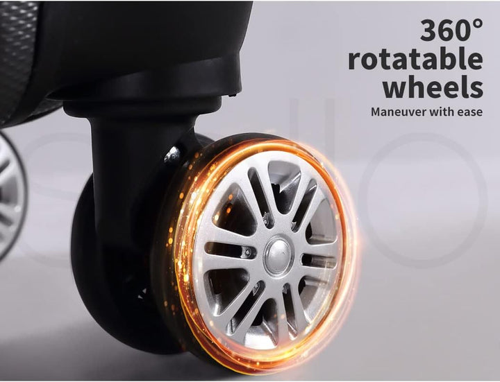 Compact black hard-shell carry-on suitcase, essential travel gear with silent spinner wheels.
