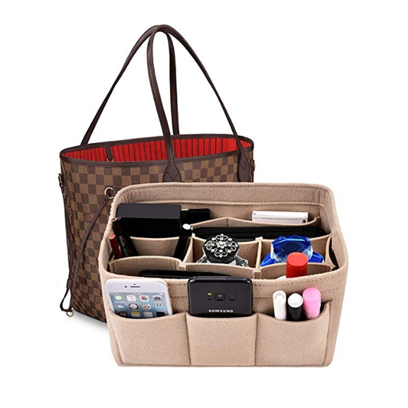 Black felt handbag organizer insert for women's tote bags, multi-pocket storage solution.