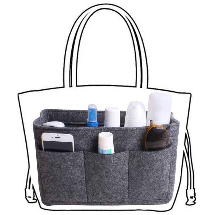 Handy black felt tote bag insert, designed to organize essentials efficiently.