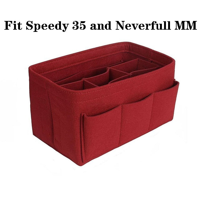 Compact felt handbag organizer, offering multi-pocket storage for women's accessories.