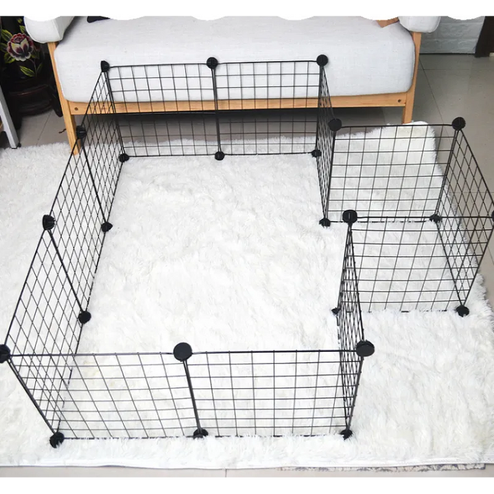 Versatile black wire dog gate & playpen, excellent for training puppies. Safe, portable pet enclosure solution.