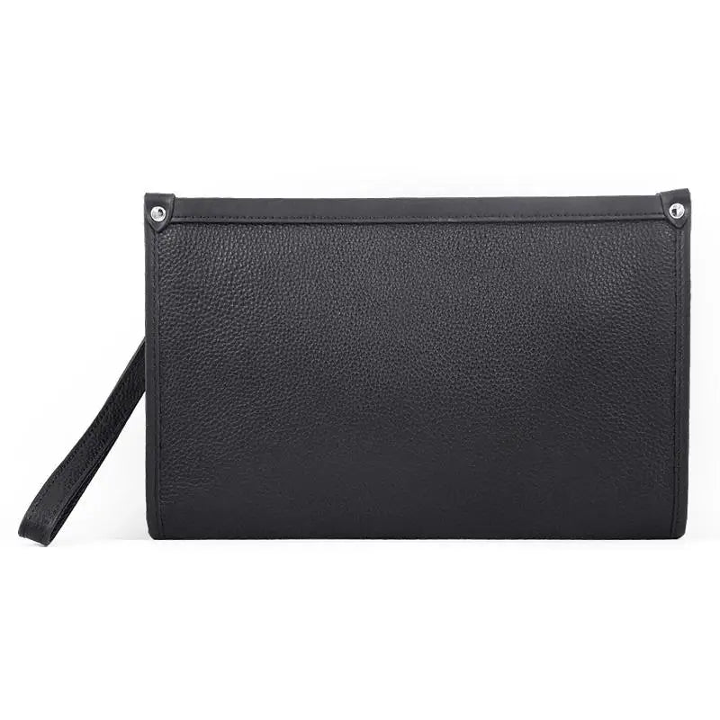 Black genuine leather business clutch for men, featuring a secure fingerprint lock & sleek executive design.