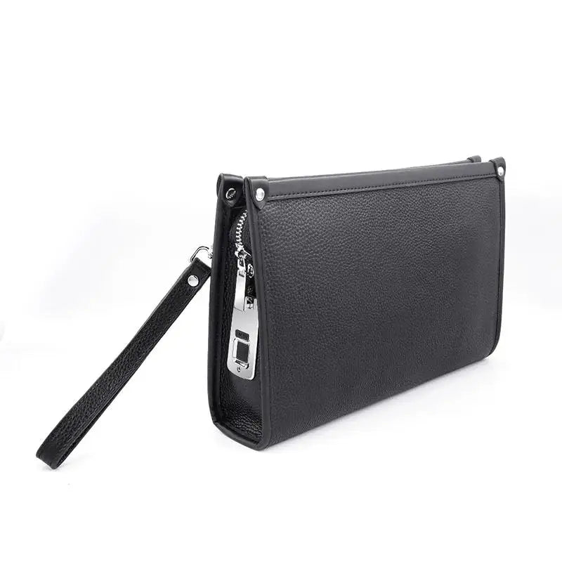 Men's secure black leather business clutch, showcasing the advanced fingerprint lock mechanism for peace of mind.
