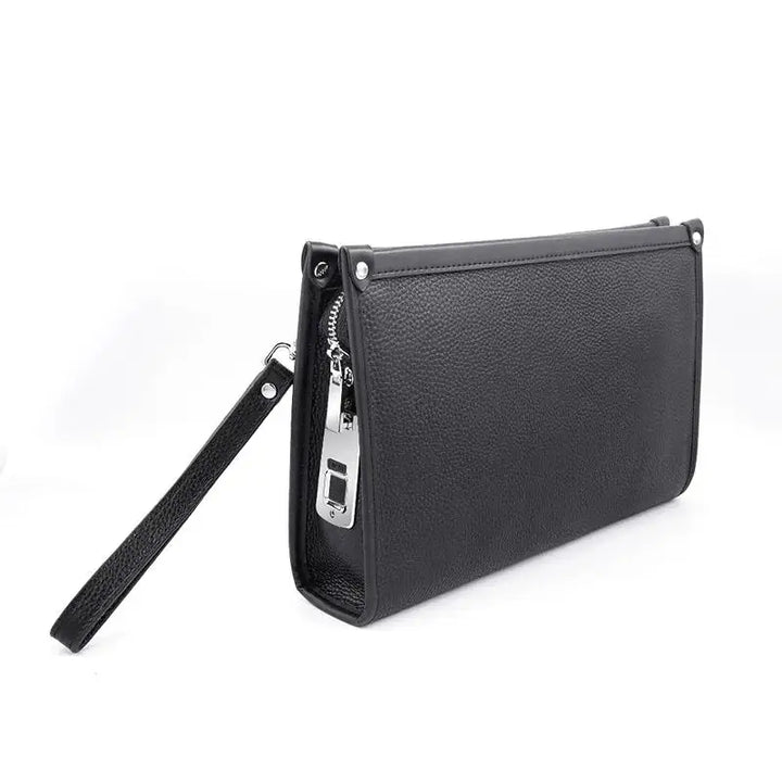 Men's secure black leather business clutch, showcasing the advanced fingerprint lock mechanism for peace of mind.