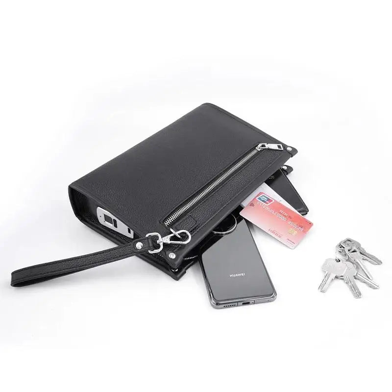 Executive men's black genuine leather business clutch with fingerprint lock, an essential secure accessory.