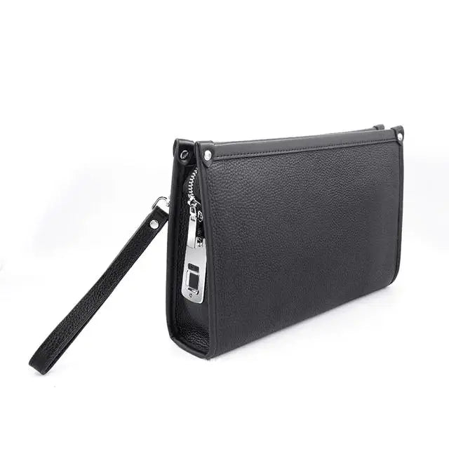 Stylish black genuine leather men's business clutch, featuring a modern design & advanced fingerprint security.