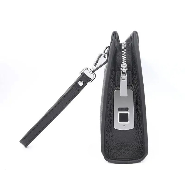 Professional men's black genuine leather business clutch, equipped with a high-tech fingerprint lock.