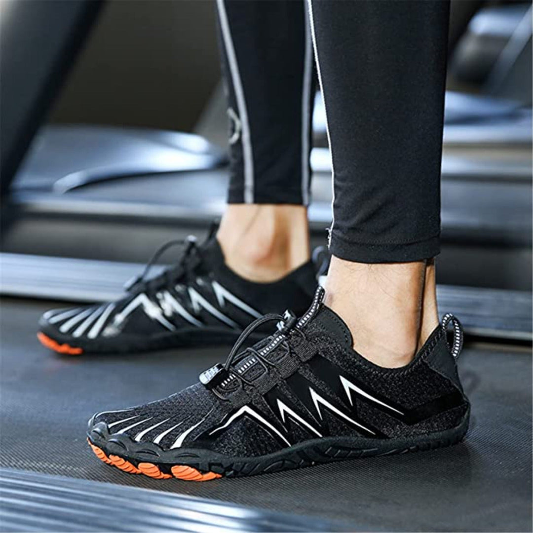 Black men's barefoot shoes, wide fit, flexible sole for natural walking & comfort.